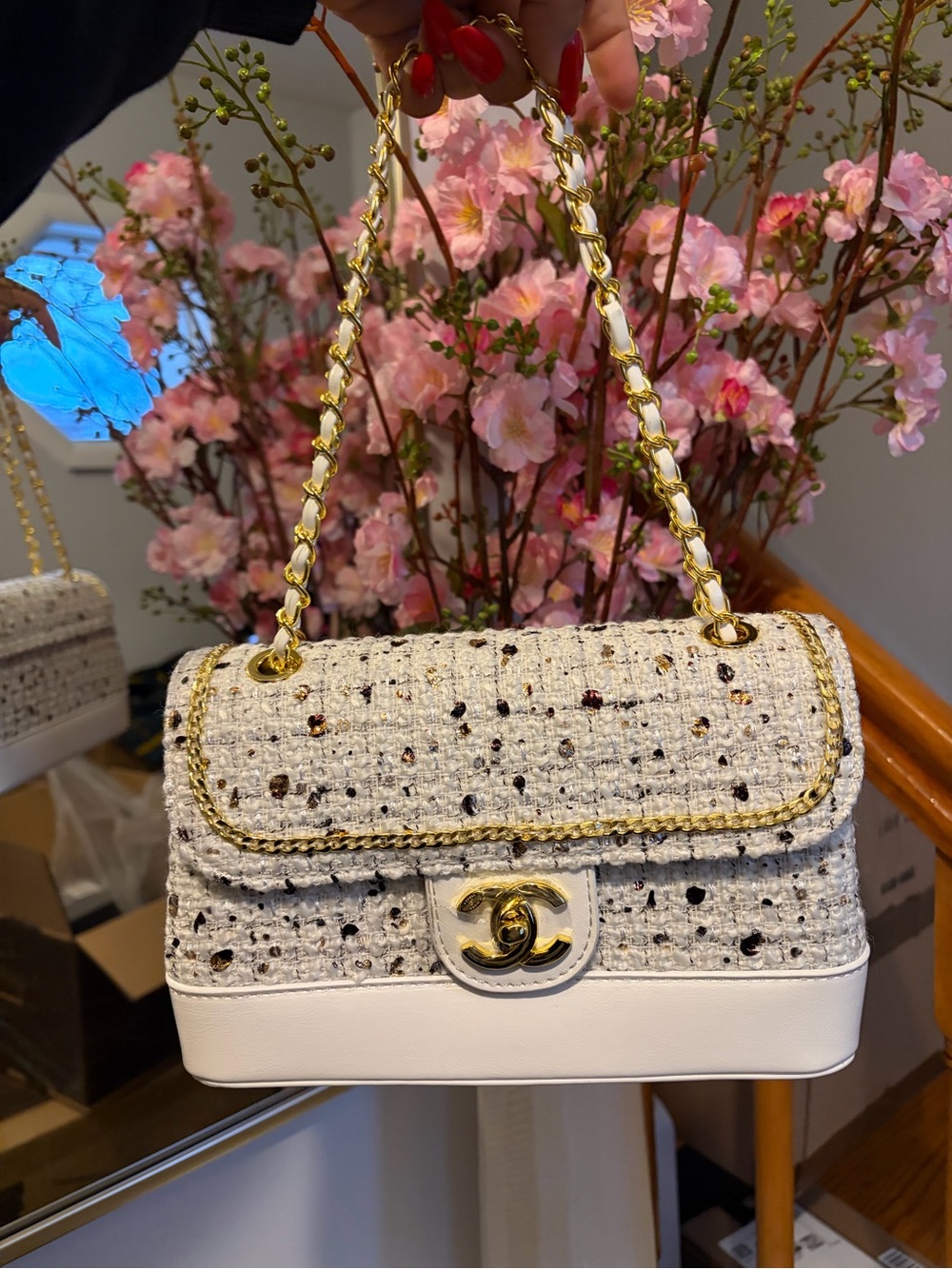 White Tweed VIP Shoulder Bag | Gold Hardware | Branded Gift Bag